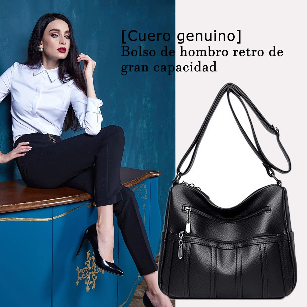 [Cuero genuino] Bolso bandolera retro de gran capacidad